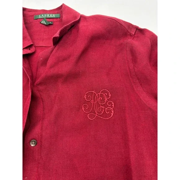 Lauren Ralph Lauren Women's SMALL 100% Linen Red Button Shirt Embroidered Logo - Picture 3 of 10